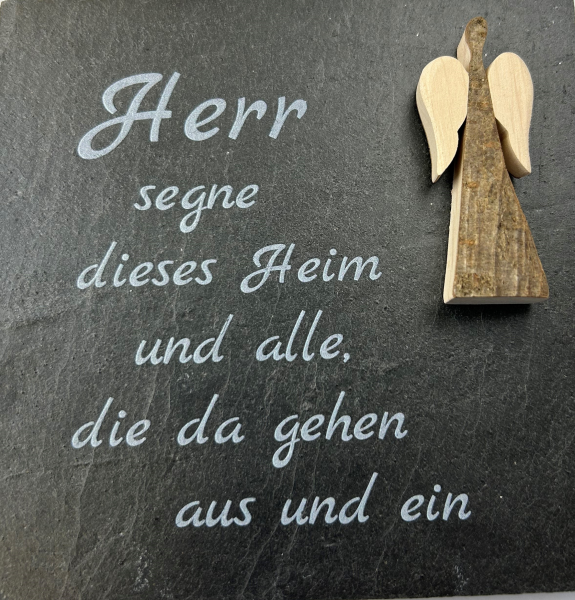 Schiefertafel Haussegen 13x13cmm. Holzengel "Herr segne dieses Heim..."